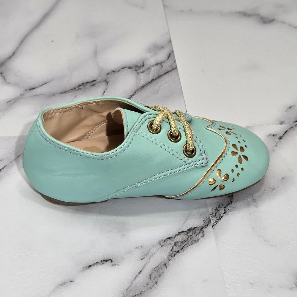 The Doll Maker Oxford Shoes Girls Size 5 Mint Green Gold Floral Cutout Dress